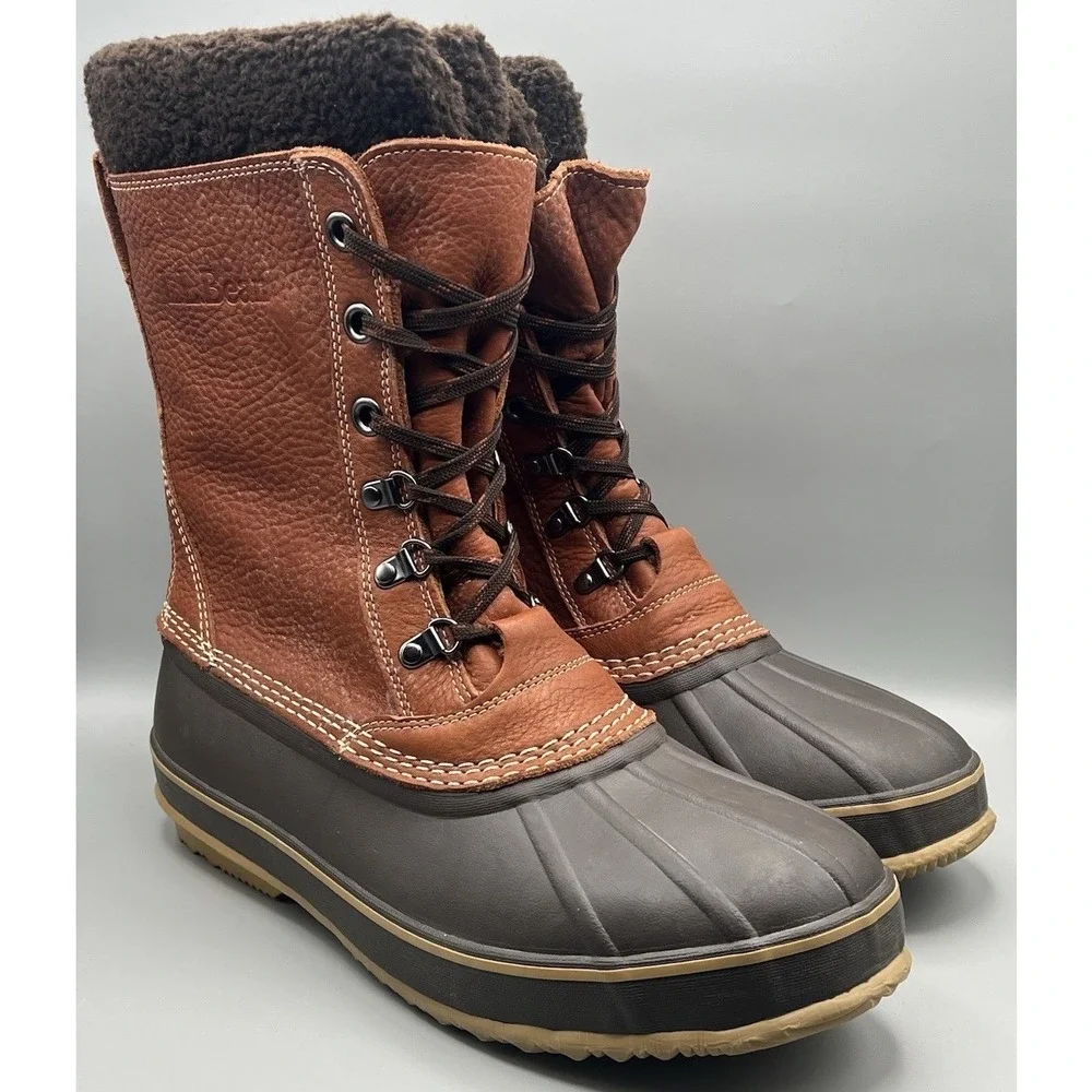 LL‎ Bean Brown Leather Removable Wool Liner Tall Duck Snow Boots - Men's Size 12